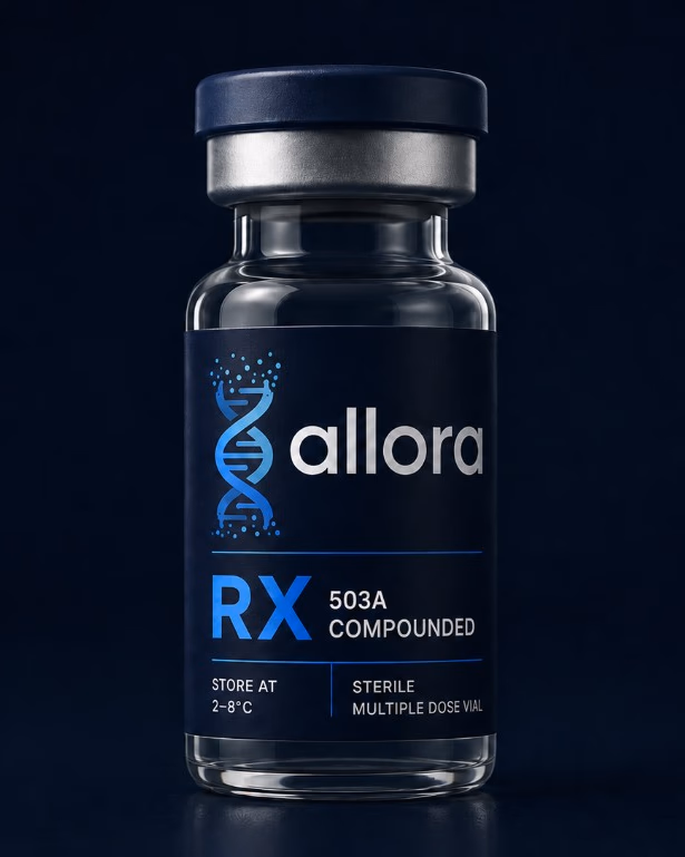 Allora-branded glass RX 503A compounded vial with the DNA-helix logo, photographed on a deep navy backdrop