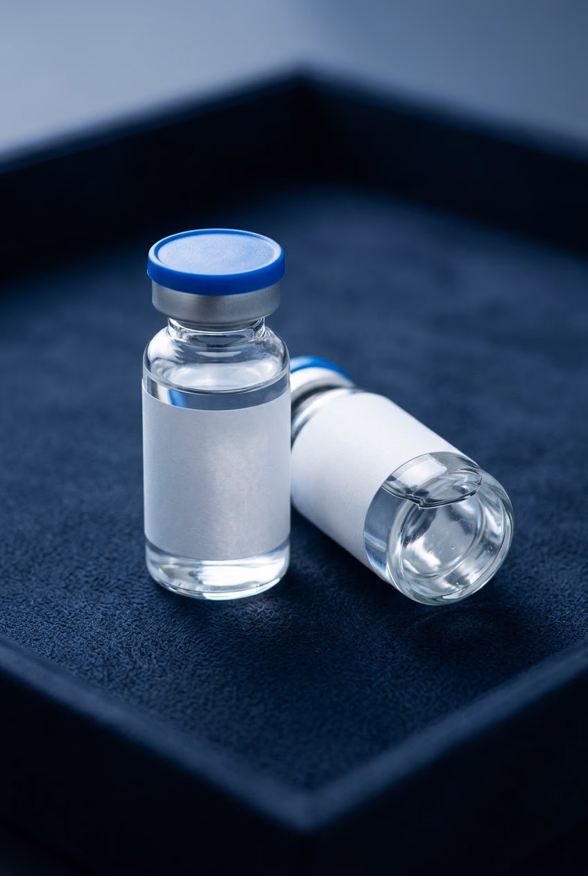 Two clear sterile injection vials with blank white labels and blue caps on a navy presentation tray