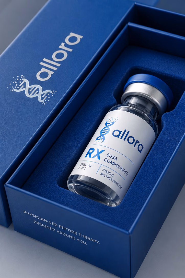 Allora-branded RX 503A compounded peptide vial presented in a navy gift box reading 'Physician-led peptide therapy, designed around you'