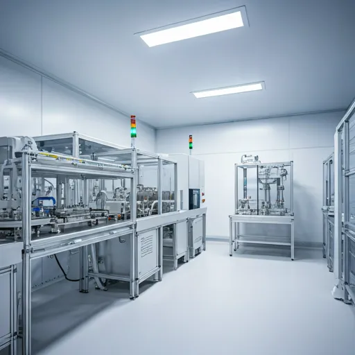 Ultra-modern pharmaceutical cleanroom with sterile white surfaces and robotic processing equipment