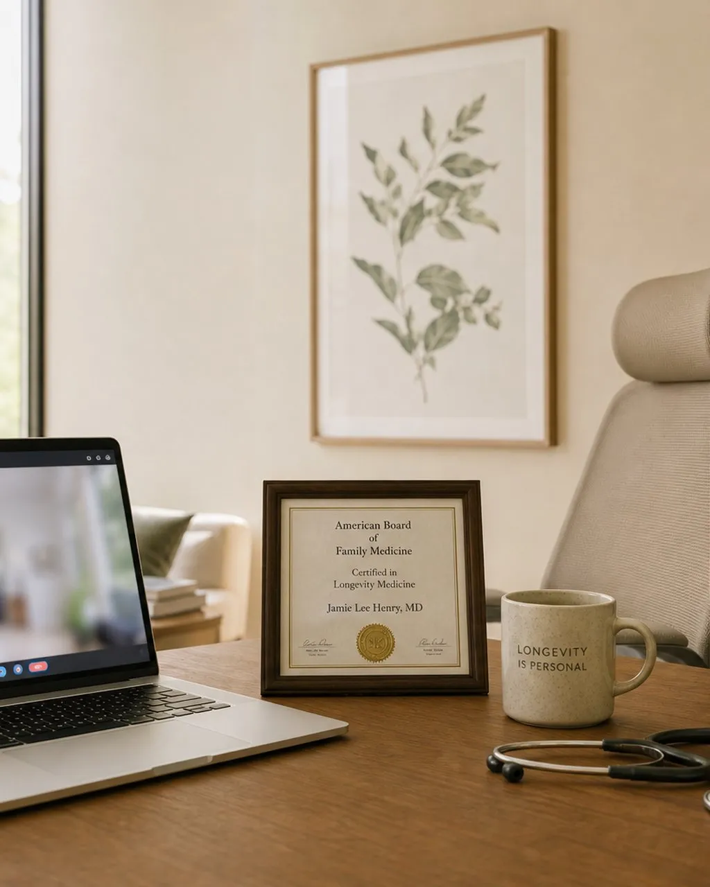A desk with a laptop open to a video call, a framed certificate, a coffee mug and a stethoscope