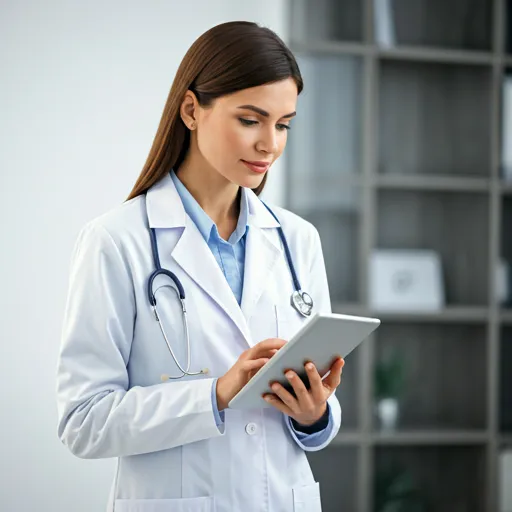 Physician in a white coat and stethoscope reviewing notes on a tablet in a bright office