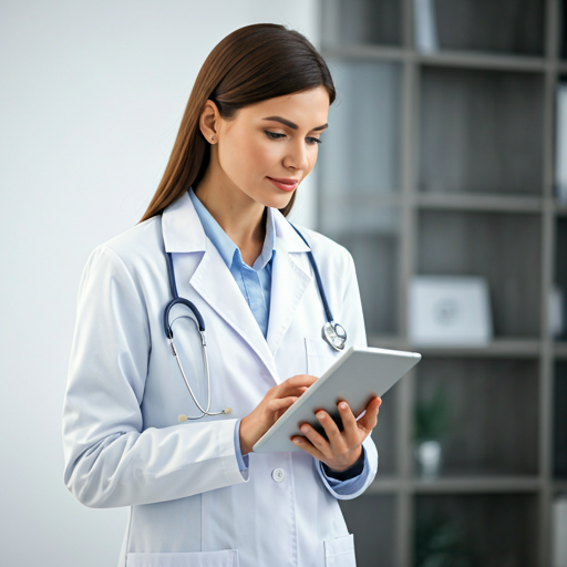Calm physician-patient telehealth consultation in a warm, modern setting