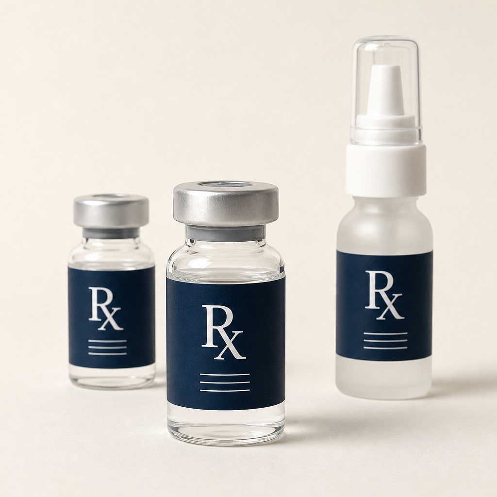 Sterile prescription compounded therapies — injectable vials and a nasal spray, dispensed under physician supervision