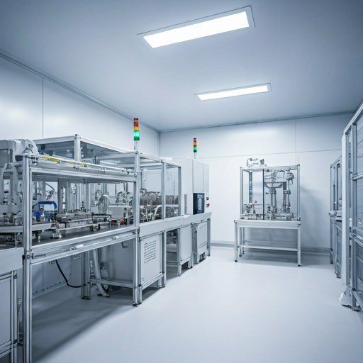 Ultra-modern pharmaceutical cleanroom with sterile white surfaces and robotic processing equipment