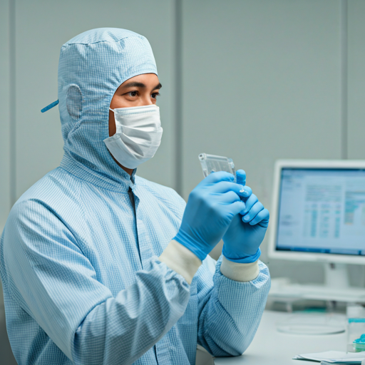 Pharmacy technician in full PPE working inside a sterile ISO Class 5 cleanroom hood