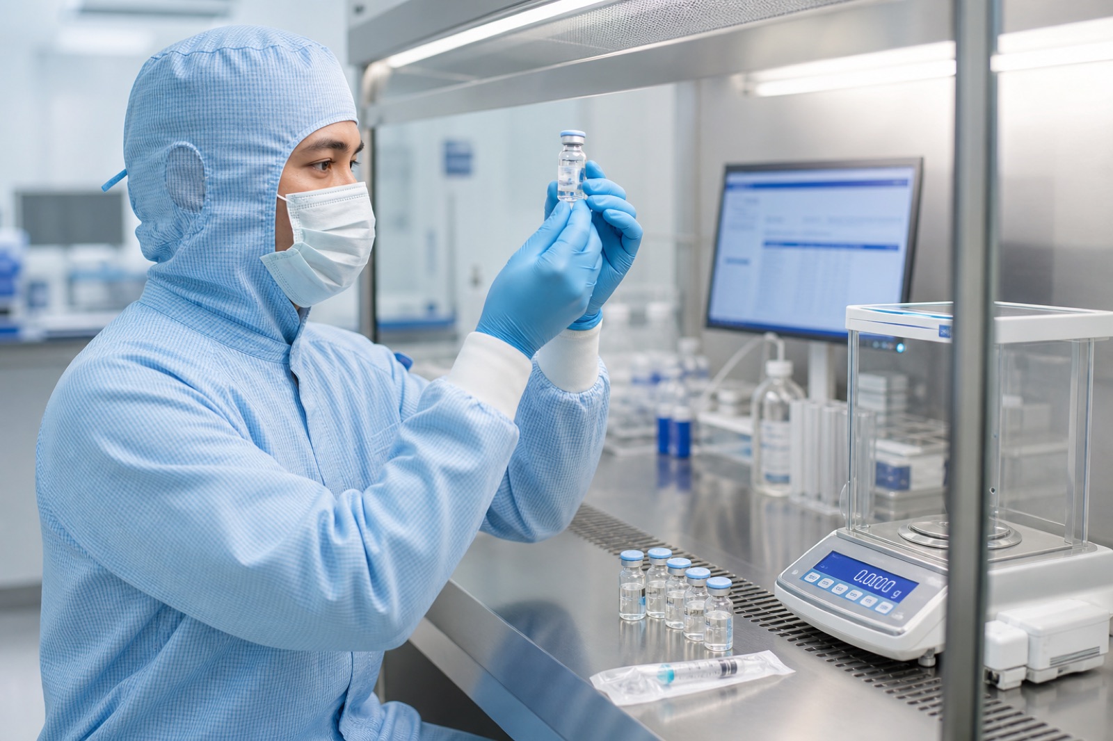Pharmacy technician in full PPE working inside a USP <797> compliant ISO Class 5 laminar-flow hood
