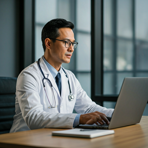 Physician on a secure telehealth video consultation in a warm, modern office