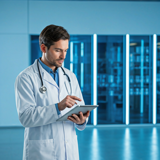Modern medical professional reviewing clinical data on a tablet in a bright laboratory environment
